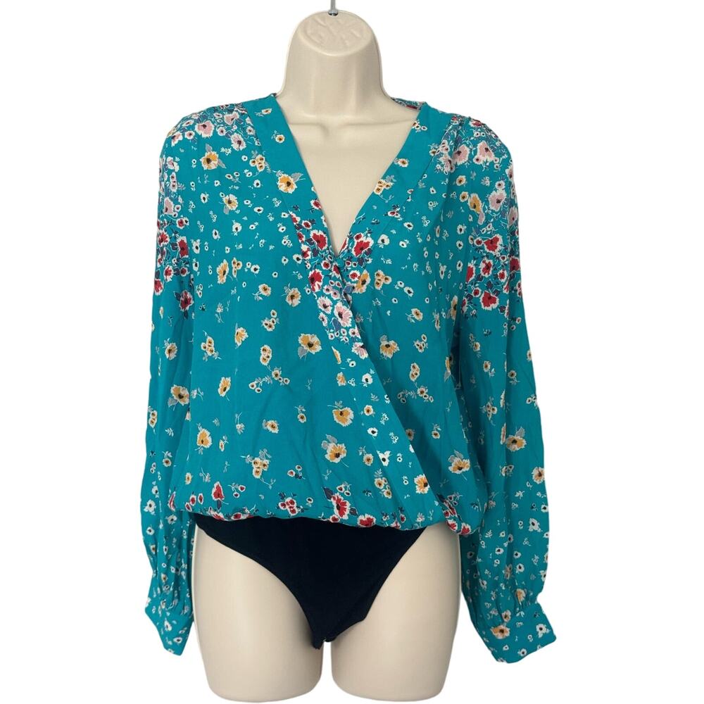 Nicole Miller Womens V Front Blouson Bodysuit in Turquoise Floral Size S